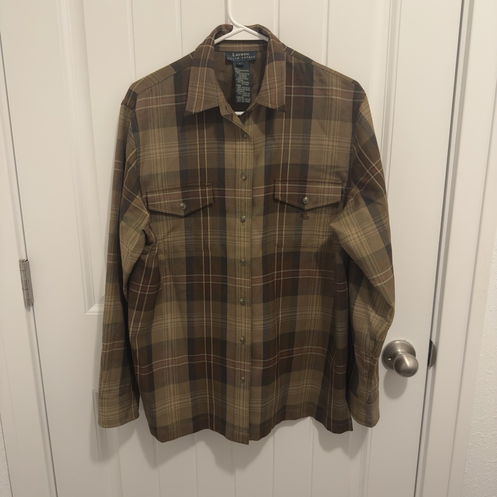 Lauren Ralph Lauren Men's Brown Plaid Worsted Wool Shirt Size Large‎